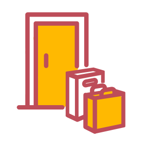 A simple line-drawn icon, in the Here4 Insurance brand colours of yellow and red, depicting a front door with two shopping bags placed on the doorstep to represent Evri Delivery Insurance.