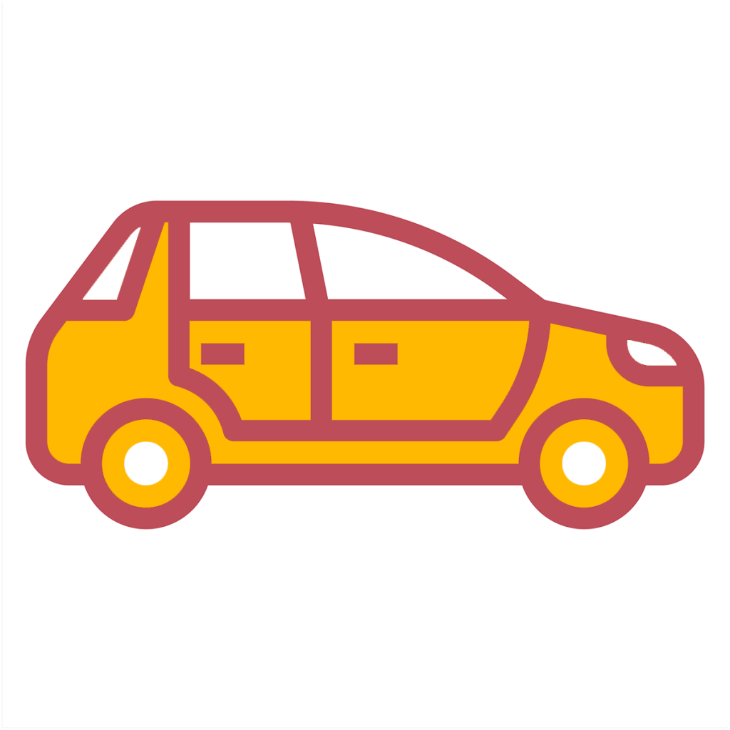 A simple line-drawn icon, in the Here4 Insurance brand colours of yellow and red, depicting a family car to represent Temporary Car Insurance.