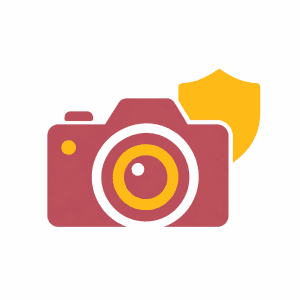 Simple red and yellow illustration of a camera protected by a shield